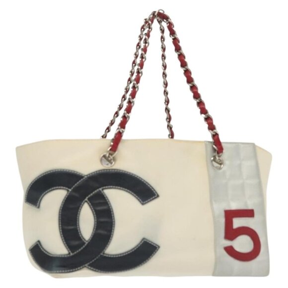 CHANEL Choco Bar Line Chain Tote Bag Canvas White Silver CC Auth - Picture 2 of 16